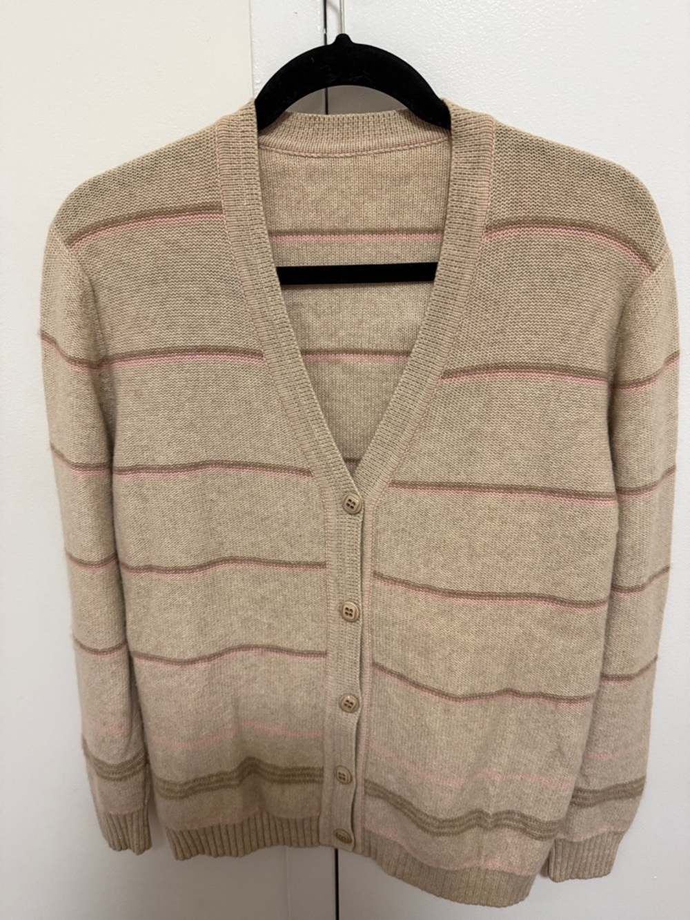 Cream Colored Cardigan Sweater with Horizontal Stripes & V Neckline. Size M.
